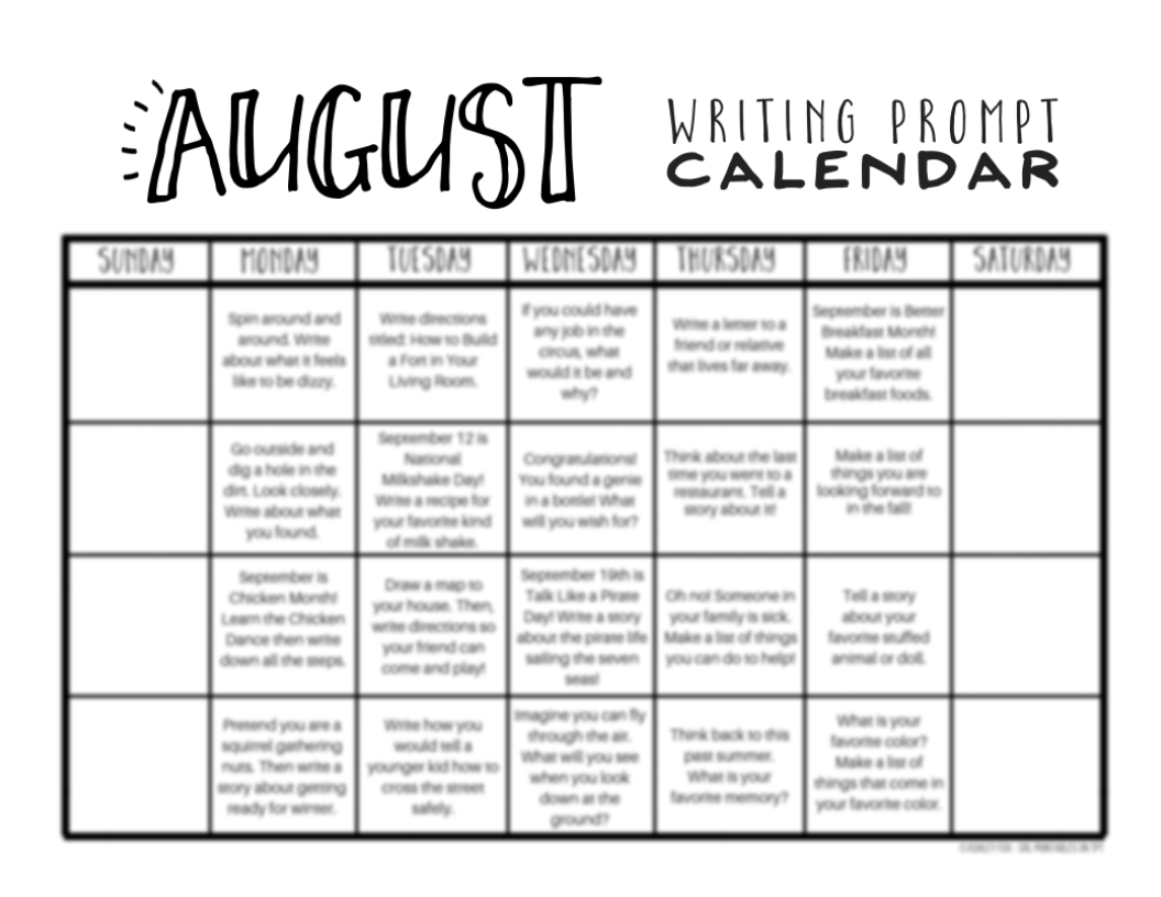 August writing prompt calendar