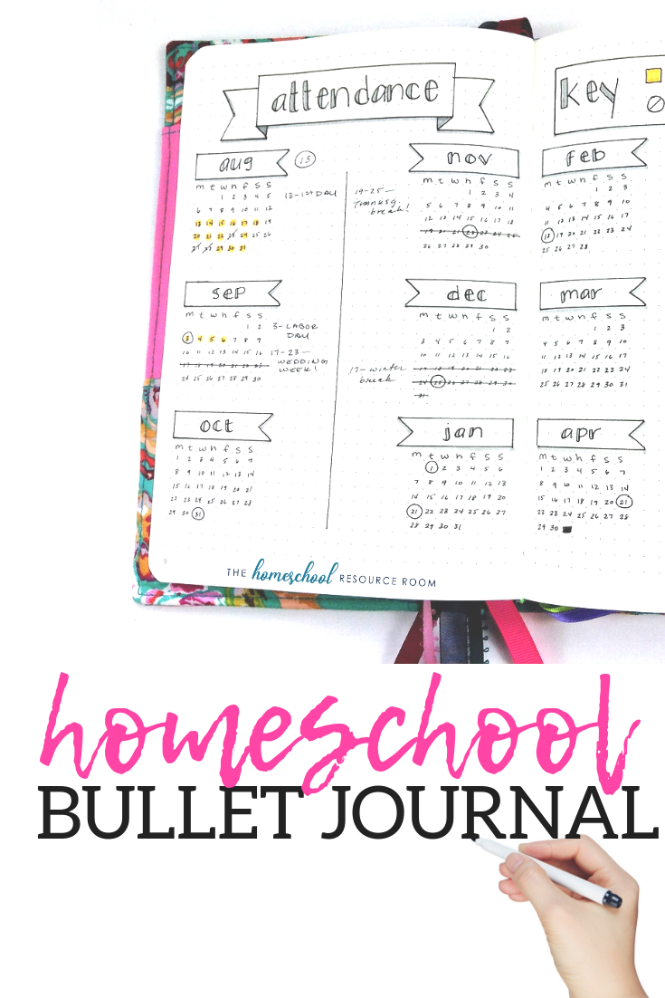 Layouts and ideas for your homeschool bullet journal - including homeschool attendance trackers, curriculum checklists, key and color coding, and planning layouts!